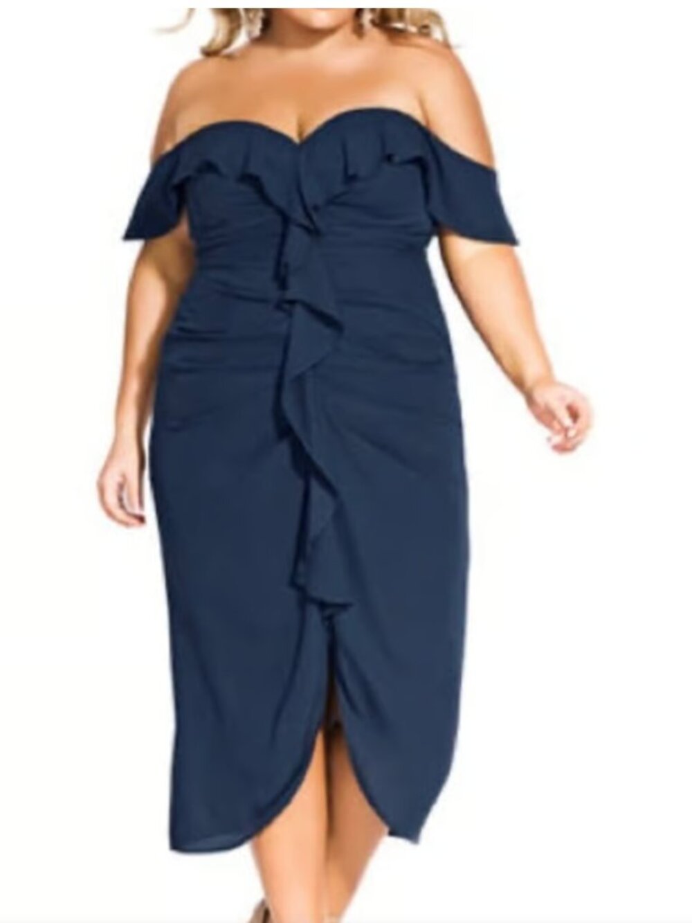 City Chic Navy Blue Off-Shoulder Strapless Ruffle Midi Dress